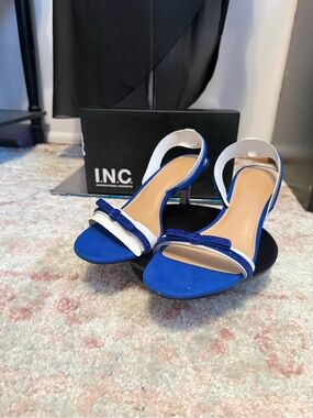 INC International Concepts Blue and White Open-Toe Slingback Heels